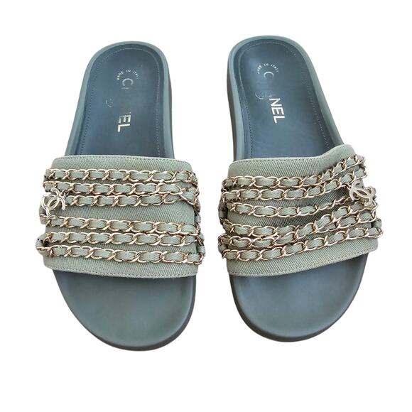 Chanel CC Chain Slide Flat Sandal Khaki Green Canvas Gold Logo 38 US 7 7.5 - Picture 2 of 10